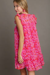 Umgee Full Size Smocked Detail Floral Metallic Ruffle Cap Sleeve Dress Plus Size OutfitFlow
